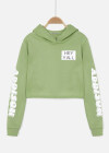 Wholesale Women's Light Green Letter Slogan Graphic Cropped Long Sleeve Drawstring Hoodie - Liuhuamall