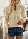 Wholesale Women's Casual Plain Swiss Dot V Neck Ruffle Trim Long Sleeve Blouse - Liuhuamall