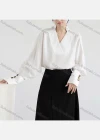 Wholesale Women's Elegant Bishop Sleeve Stand Collar V Neck Button Decor Ruched Plain Blouse 857780# - Liuhuamall