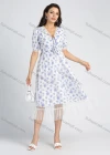 Wholesale Women's Casual Allover Floral Print V Neck Mesh Lace Short Sleeve Midi Dress With Belt - Liuhuamall