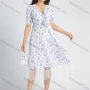 Wholesale Women's Casual Allover Floral Print V Neck Mesh Lace Short Sleeve Midi Dress With Belt preview