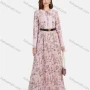 Wholesale Women's Tie Front Pleated Allover Print Round Neck Long Sleeve Maxi Dress With Belt preview