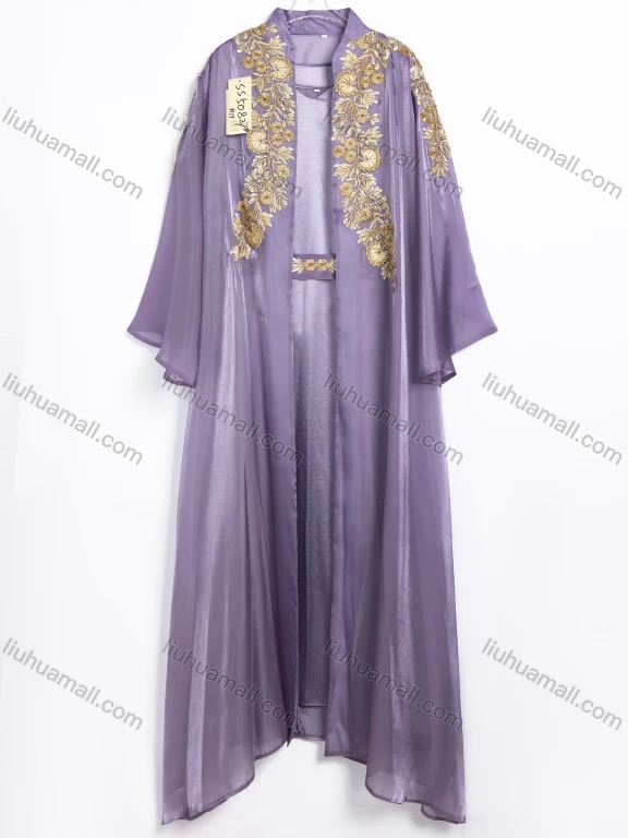 Wholesale Women's Elegant Floral Embroidered Tie Neck Sheer Overlay Maxi Dress 2 Piece Set #SS50827