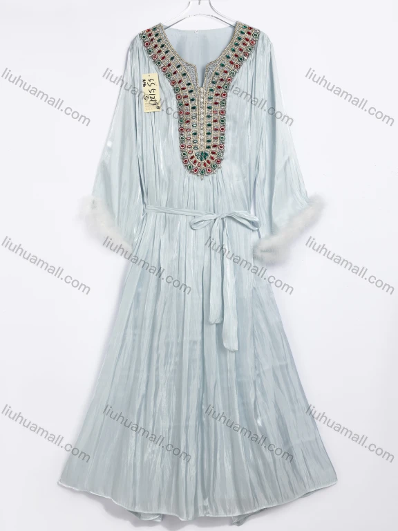 Wholesale Women's Elegant Jeweled Neckline Feather Cuff Tie Neck Pleated Maxi Dress #SS51219