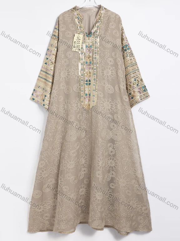 Wholesale Women's Elegant Embroidered Floral Beaded Trim Tassel Sleeve Maxi Dress #SA5538