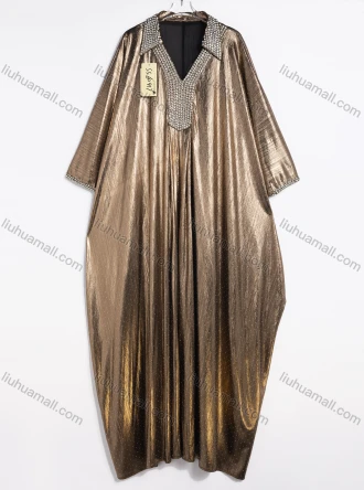 Wholesale Women's Elegant Rhinestone Collar Metallic Pleated Batwing Sleeve Maxi Dress #SS60417, LIUHUA CLOTHING WHOLESALE