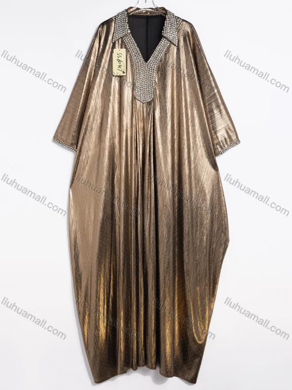Wholesale Women's Elegant Rhinestone Collar Metallic Pleated Batwing Sleeve Maxi Dress #SS60417