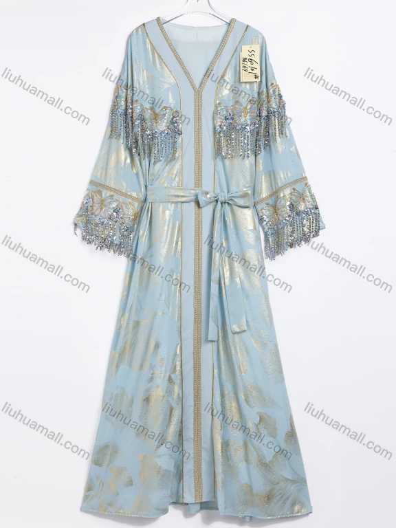 Wholesale Women's Elegant Metallic Print Beaded Fringe Tie Neck Long Sleeve Maxi Dress #SS60101
