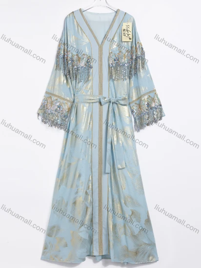 Wholesale Women's Elegant Metallic Print Beaded Fringe Tie Neck Long Sleeve Maxi Dress #SS60101