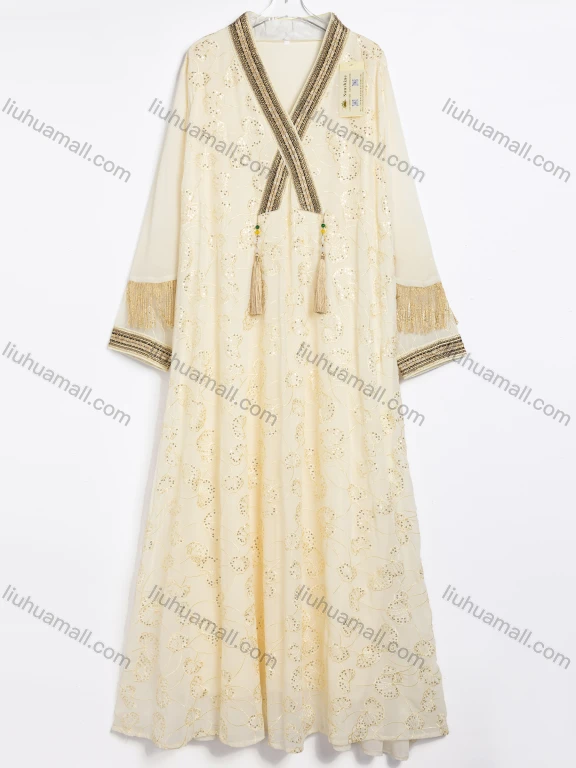 Wholesale Women's Elegant Embroidered V-Neck Tassel Trim Long Sleeve Maxi Dress #SS50220