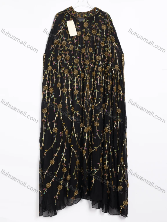 Wholesale Women's Elegant Floral Beaded Embroidered Sheer Long Sleeve Maxi Dress