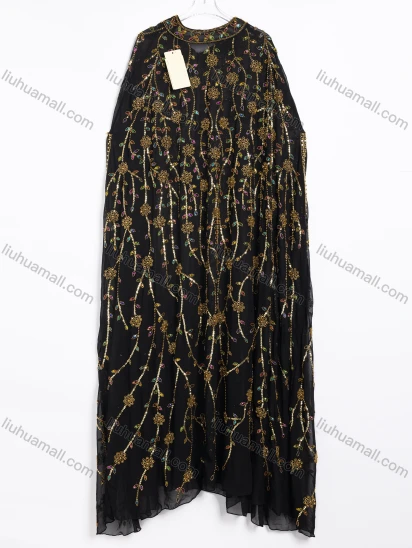 Wholesale Women's Elegant Floral Beaded Embroidered Sheer Long Sleeve Maxi Dress