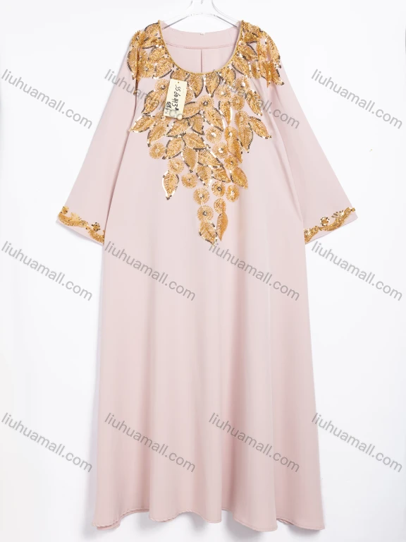 Wholesale Women's Elegant Gold Sequin Leaf Embroidered Round Neck Long Sleeve Maxi Dress #SS60413