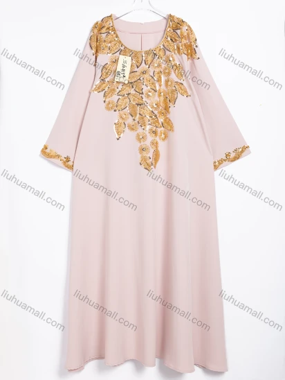 Wholesale Women's Elegant Gold Sequin Leaf Embroidered Round Neck Long Sleeve Maxi Dress #SS60413