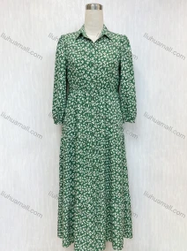 Wholesale Women's Lapel Puff Sleeve Ditsy Floral Button Closure Maxi Dress, LIUHUA CLOTHING WHOLESALE