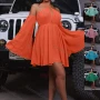 Wholesale Women's Sexy Ruched Halter Long Bell Sleeve Plain Short Dress preview