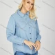 Wholesale Women's Elegant Plain Collared Button Down Rhinestone Long Sleeve Curved Hem Denim Shirt Light Blue Clothing Wholesale Market Liuhua