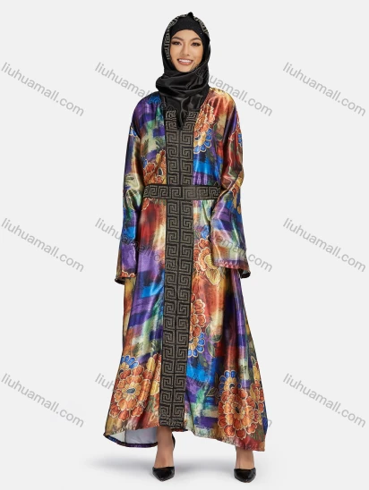 Wholesale Women's Vintage Muslim Khimar Jellabiyar Allover Print Abaya With Belt & Hijab