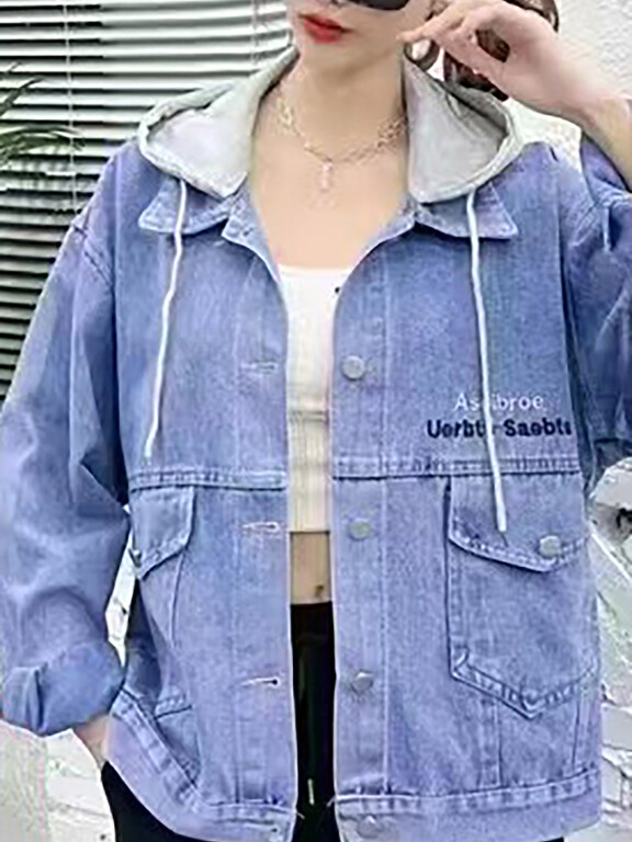 Women's Casual Letter Embroidery Distressed Hooded Denim Jacket, Clothing Wholesale Market -LIUHUA, Jackets