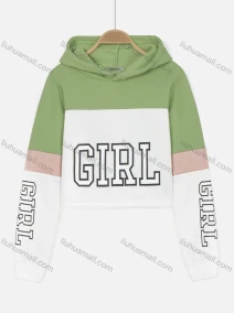 Wholesale Women's Casual Letter Print Splicing Colorblock Cropped Long Sleeve Drawstring Hoodie, LIUHUA CLOTHING WHOLESALE