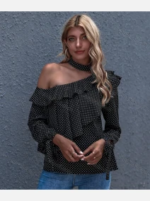 Wholesale Women's Casual Pin Dot Slanted Shoulder Layered Ruffle Trim Long Sleeve Blouse, LIUHUA CLOTHING WHOLESALE