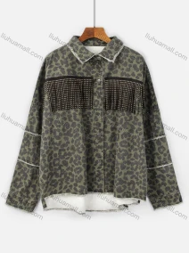 Wholesale Women's Fashion Leopard Tassel Trim Frayed Raw High Low Hem Denim Overshirt Jacket, LIUHUA CLOTHING WHOLESALE