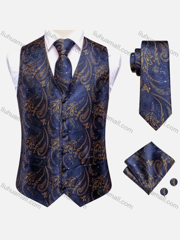 Wholesale Men's Formal Single Breasted Silky Waistcoat With Necktie & Kerchief & Cufflinks 4-piece Set