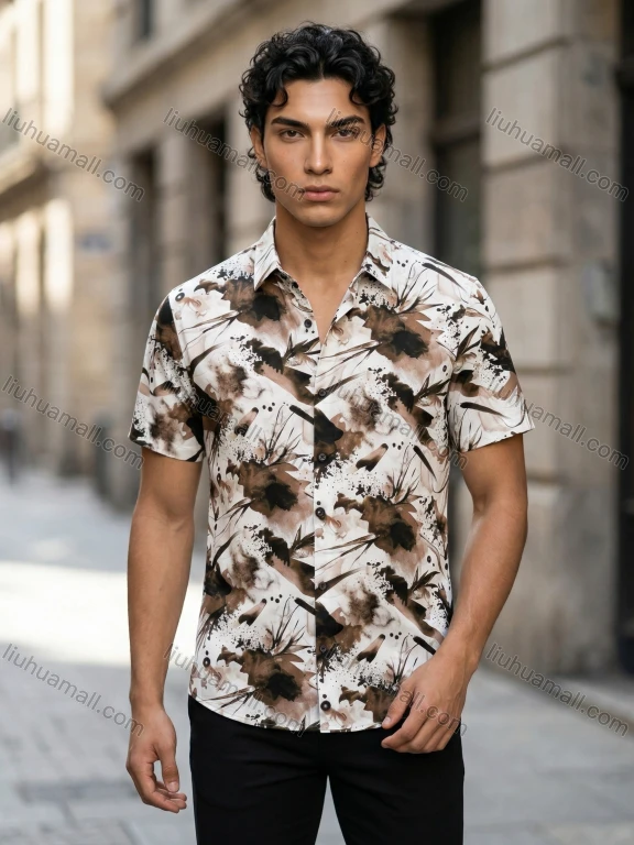 Wholesale In Stock Men's Slim Fit Short Sleeve Shirt with Abstract Ink - Wash Floral Print | Casual Business Shirt