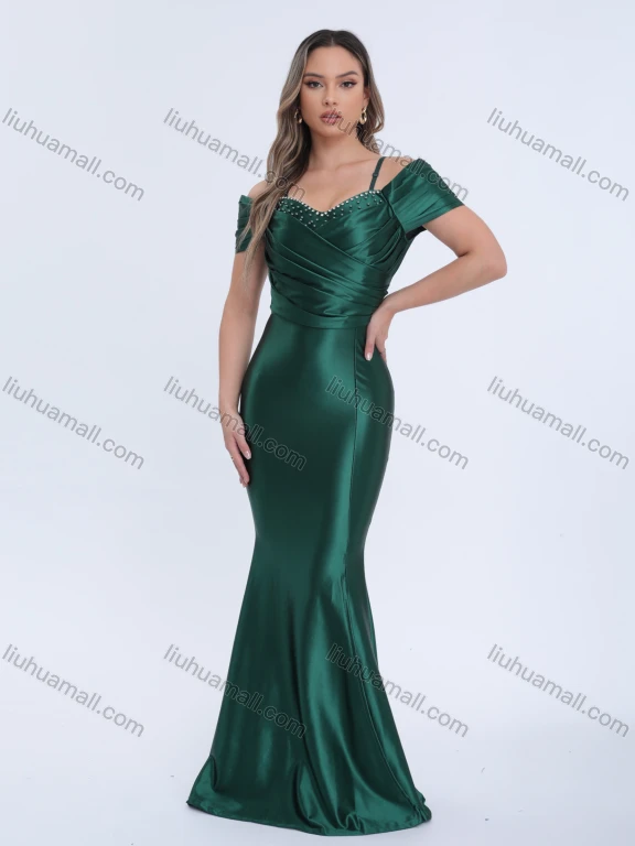Wholesale Women's Elegant Satin Mermaid Dress with Off-Shoulder Design and Beaded Detail