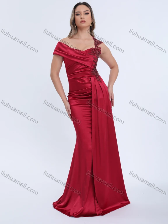 Wholesale Women's Elegant One-Shoulder Evening Gown with Draped Detail and Asymmetrical Embellishments