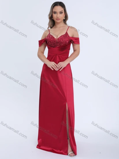 Wholesale Women's Evening Gown with Off-Shoulder Straps and Sequin Detail