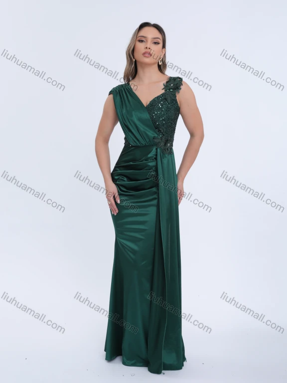 Wholesale Women's Elegant Evening Gown with Sequin-Embellished Bodice and Draped Details