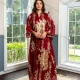 Wholesale Women's Elegant Muslim Appliques Sequin Floral Embroidery Notched Collar Long Sleeve Dubai Abaya Maxi Dress Red Clothing Wholesale Market Liuhua