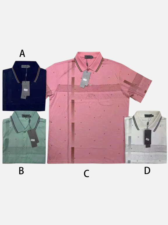 Men's Casual Short Sleeve Allover Print Striped Trim Patch Pocket Polo Shirts, Clothing Wholesale Market -LIUHUA, Men, Men-s-Tops, Men-s-Hoodies-Sweatshirts