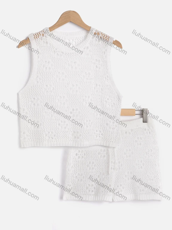 Wholesale Women's Vacation Plain Crew Neck Hollow Out Tank Top & Drawstring Cover Up Shorts 2 Piece Set 80252#