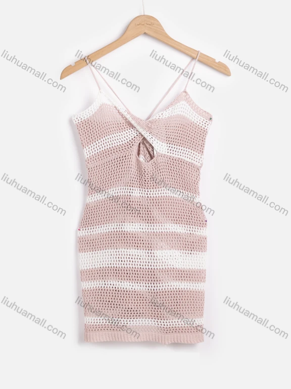 Wholesale Women's Vacation Striped Colorblock Hollow Out Twist Cover Up Cami Dress F125#