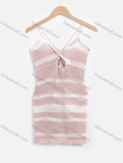 Wholesale Women's Vacation Striped Colorblock Hollow Out Twist Cover Up Cami Dress F125#