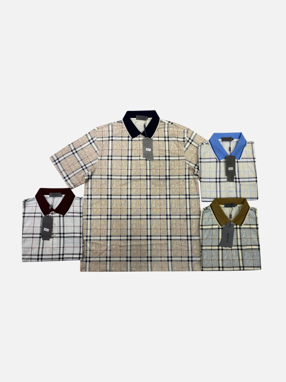 Men's Casual Plaid Print Striped Trim Contrast Short Sleeve Patch Pocket Polo Shirts, Clothing Wholesale Market -LIUHUA, Men, Men-s-Tops, Men-s-Hoodies-Sweatshirts
