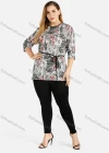 Wholesale Women's Elegant Floral Print Round Neck Mid Length Half Sleeve Blouse With Belt - Liuhuamall