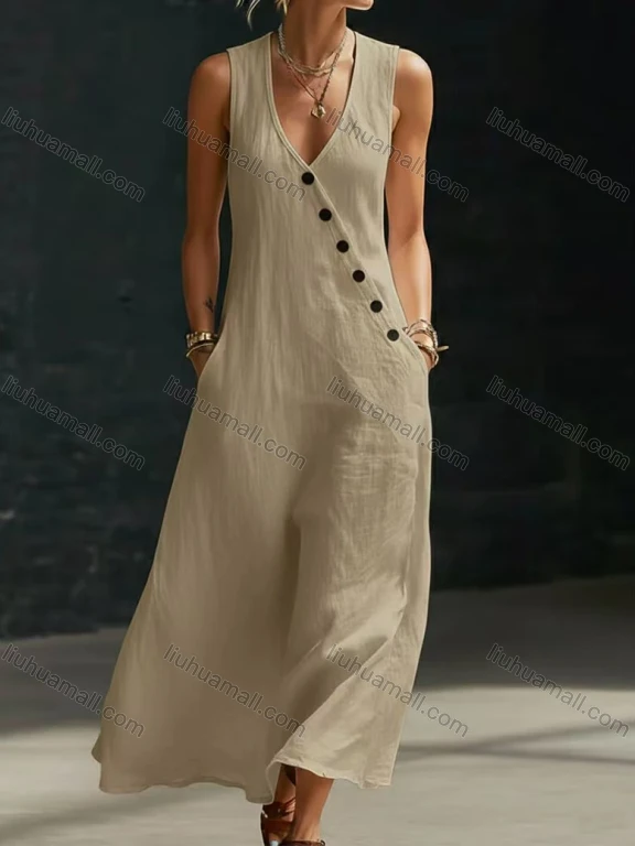 Wholesale 2026 Summer Cotton Linen V Neck Button Loose Sleeveless Dress Women