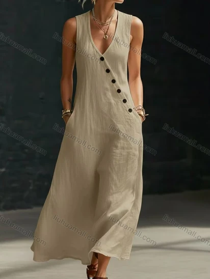 Wholesale 2026 Summer Cotton Linen V Neck Button Loose Sleeveless Dress Women