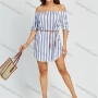Wholesale Women's Casual Striped Print Off Shoulder Short Sleeve Tie Curved Hem Mini Dress With Belt preview