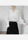 Wholesale Women's Elegant Bishop Sleeve Stand Collar V Neck Button Decor Ruched Plain Blouse 857780# - Liuhuamall