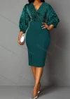 Wholesale Women's Splicing Wrap V Neck Puff Sleeve Sequin Bodycon Cocktail Midi Dress - Liuhuamall