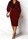Wholesale Women's Splicing Wrap V Neck Puff Sleeve Sequin Bodycon Cocktail Midi Dress - Liuhuamall