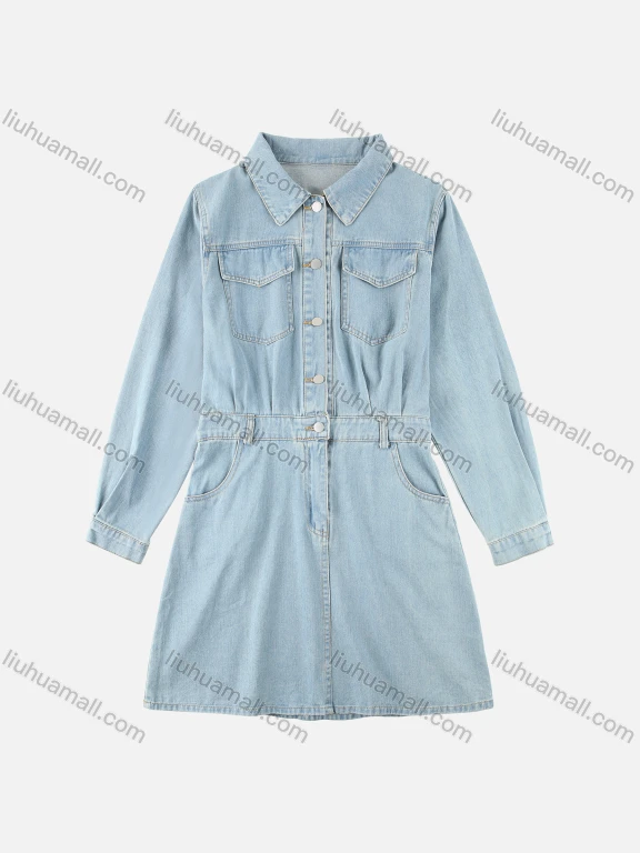 Wholesale Women's Casual Flap Pocket Long Sleeve Button Front Denim Dress