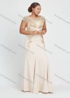 Wholesale Women's Cap Sleeve Round Neck Plain Sequin Embroidery Floor Length Mermaid Evening Dress - Liuhuamall
