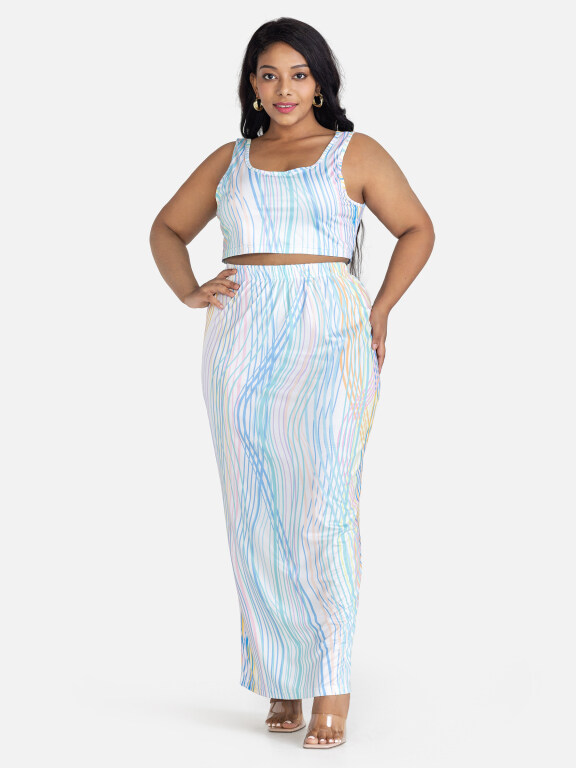 Women's Casual Striped Crop Tank Top & Maxi Skirt 2-piece Set, Clothing Wholesale Market -LIUHUA, 