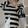 Wholesale Women's Casual Crew Neck Long Sleeve Split Side Striped Blouse M901# preview