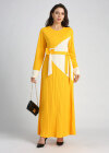 Wholesale Women's Casual Long Sleeve Round Neck Colorblock Pleated Maxi Dress With Belt - Liuhuamall